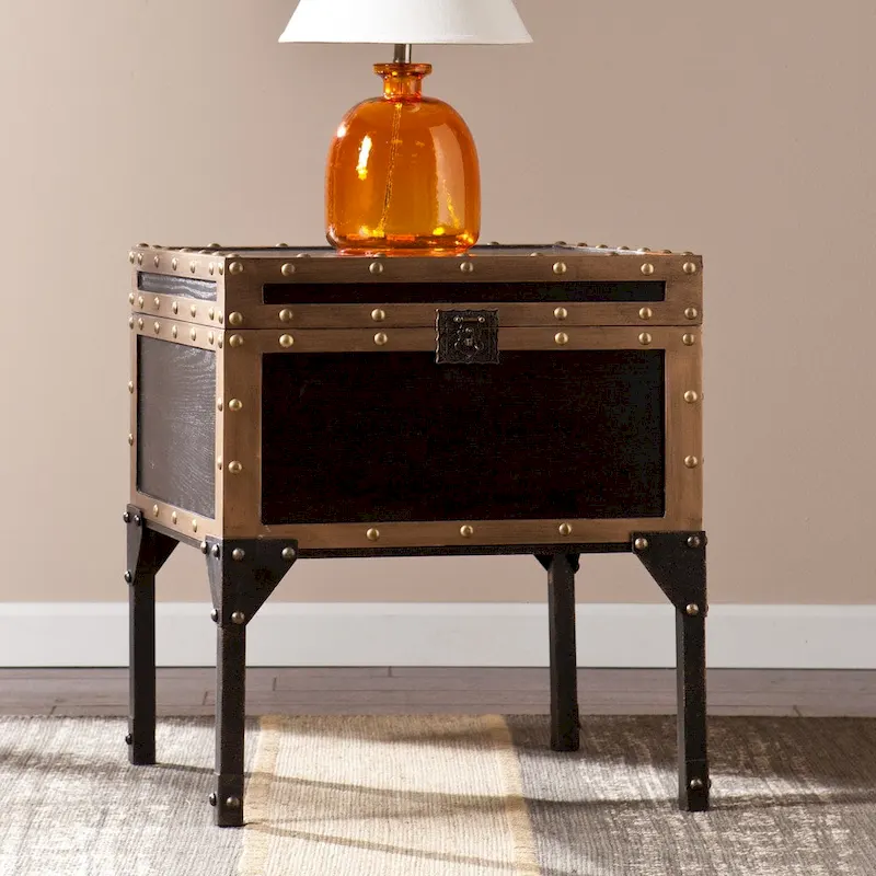 Azul Antique Trunk Side Table – Vintage Storage Accent Table with Antique Bronze Detail