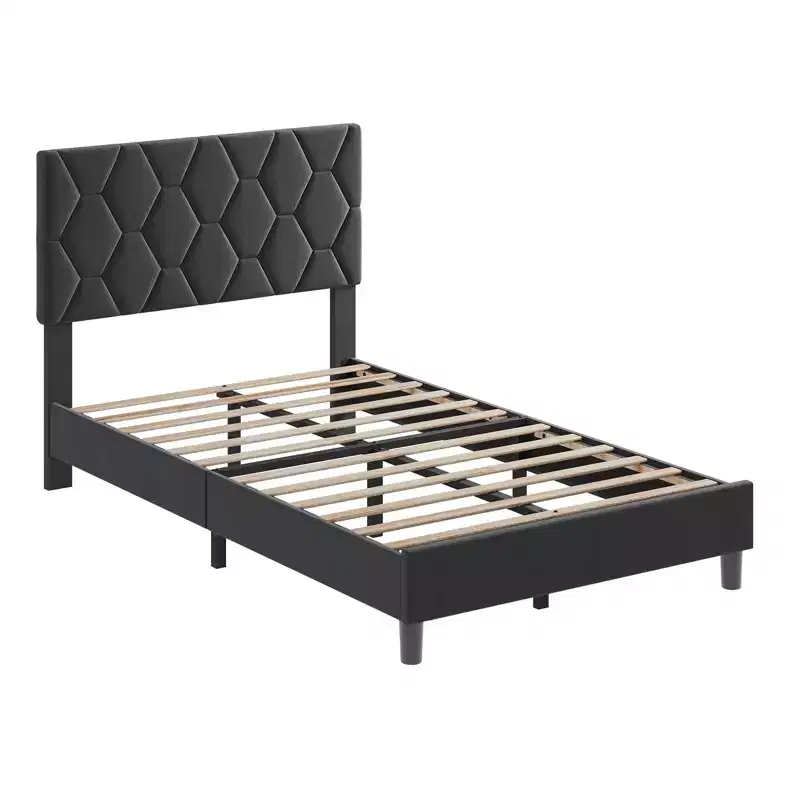 Twin XL Platform Bed Frame with Adjustable Headboard and Upholstered Headboard, Strong Wood Slat Support,Easy installation,Grey