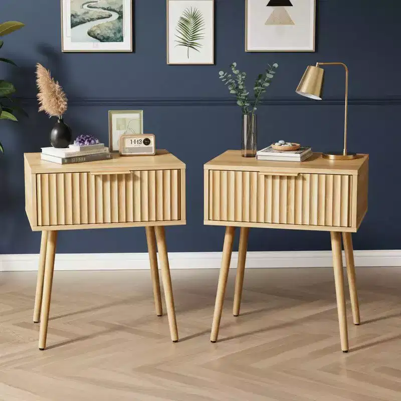 Karl Home 18.9In. Oak Grain Nightstand, Particleboard & MDF, Melamine & Vacuum Forming, 1 Drawer, High Leg (2 Pcs)