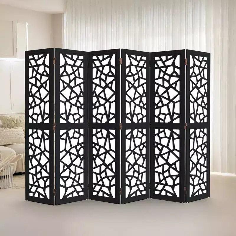 6 Panel Room Divider, Non-Woven Fabric Privacy Screen, Indoor Partition Wall Divider, Freestanding Space Separator with Unique Pattern, Black