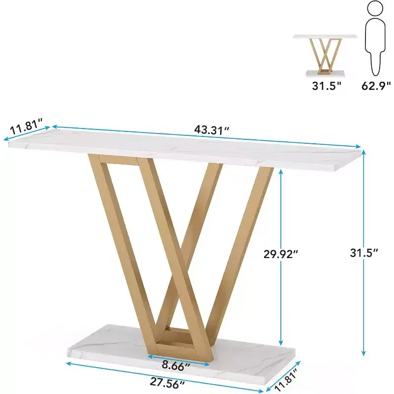 Lantine 43-Inch Gold Console Table, Modern Hallway Entryway and Sofa Table for Living Room, Faux Marble White, Easy Assembly