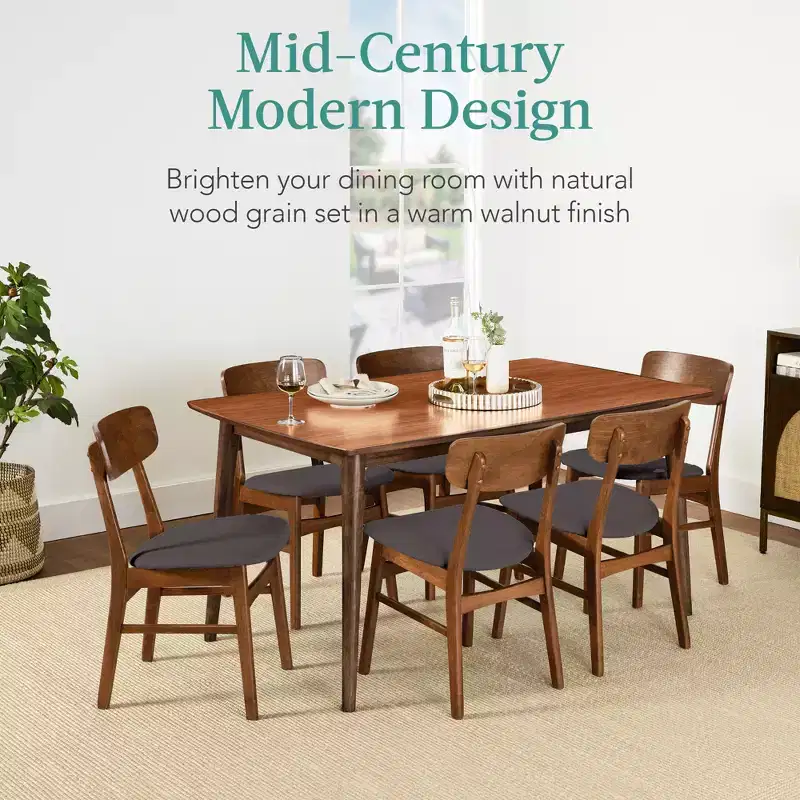 Best Choice Products 7-Piece Mid-Century Modern Upholstered Dining Set, Wooden Table w/ 6 Chairs