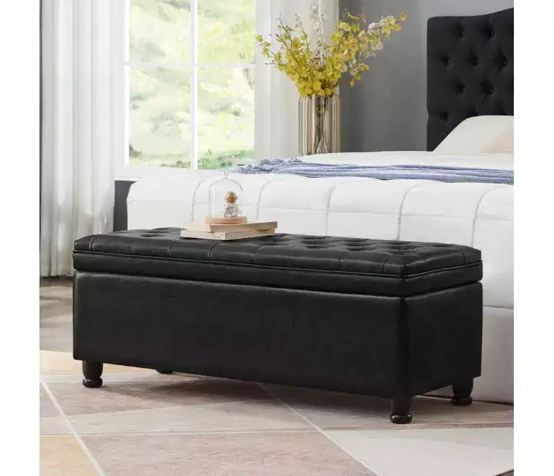 Storage Ottoman Bench with Wood Frame, Faux Leather Upholstery, Linen Button Detail, 45x18x18 in