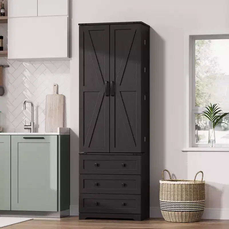 72 Tall Kitchen Pantry Cabinet, Freestanding Large Storage Cupboard with 3 Drawers & Adjustable Shelves, Farmhouse Organizer for Living Room&Kitchen