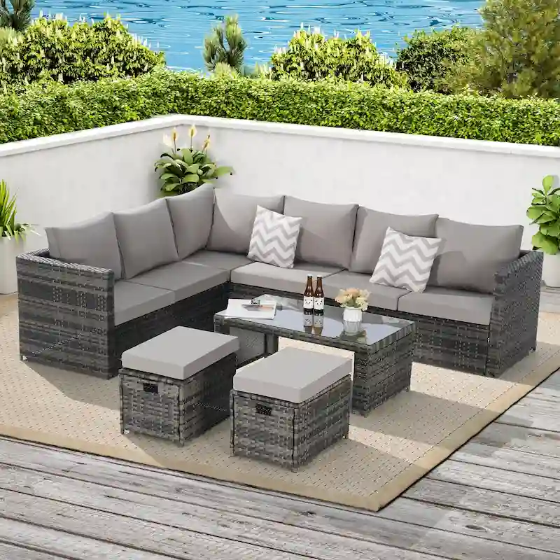 6-Piece Rattan Sectional Sofa Set with Glass Table