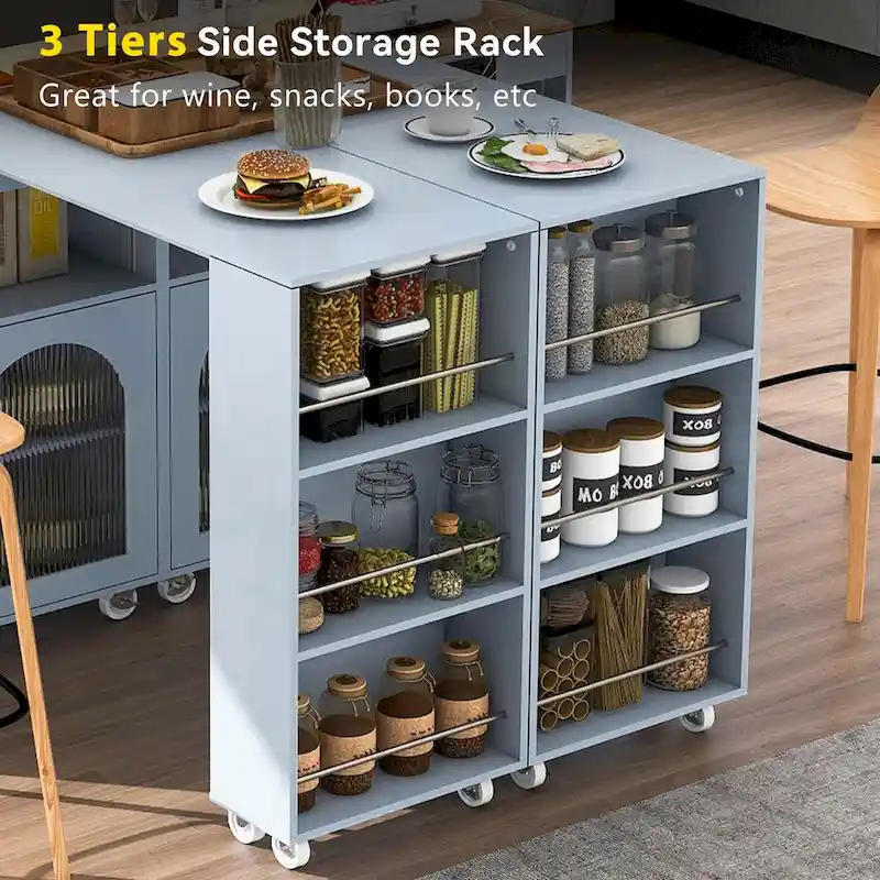LED Lights Kitchen Island Cart With Extended Table and Power Outlets
