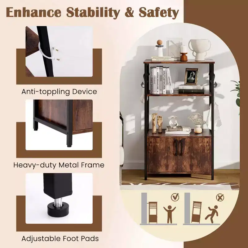 Costway 3-Tier Kitchen Bakers Rack with Cabinet 2 Open Shelves 10 S-Shaped Hooks