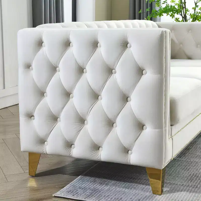 Button-Tufted Velvet 2-Seater Sofa with Square Arms & Metal Legs, Nailhead Trim