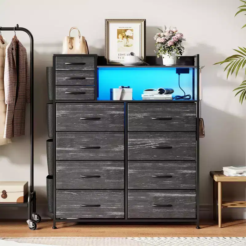 Fabric 11-Drawer Dresser with Charging Station & LED Lights