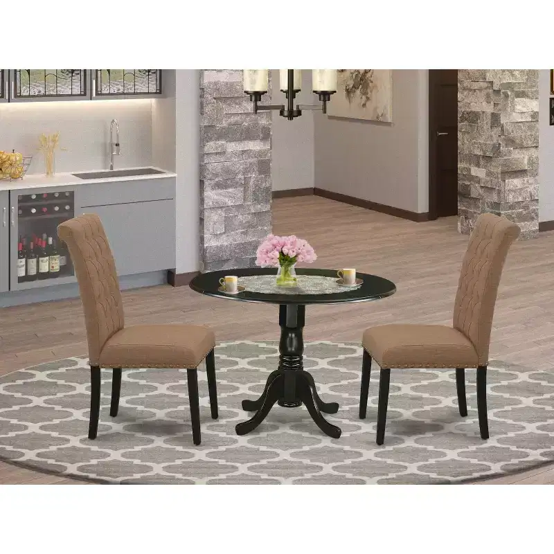 3-Pc Black Finish Solid Wood Top - Round Dining Room with Dropleaf - Seats 4