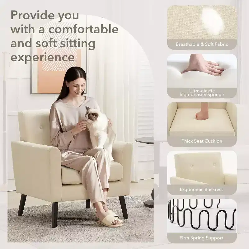 Accent Chair with Linen Fabric, Upholstered Armchair with Wood Legs & Thick Cushion