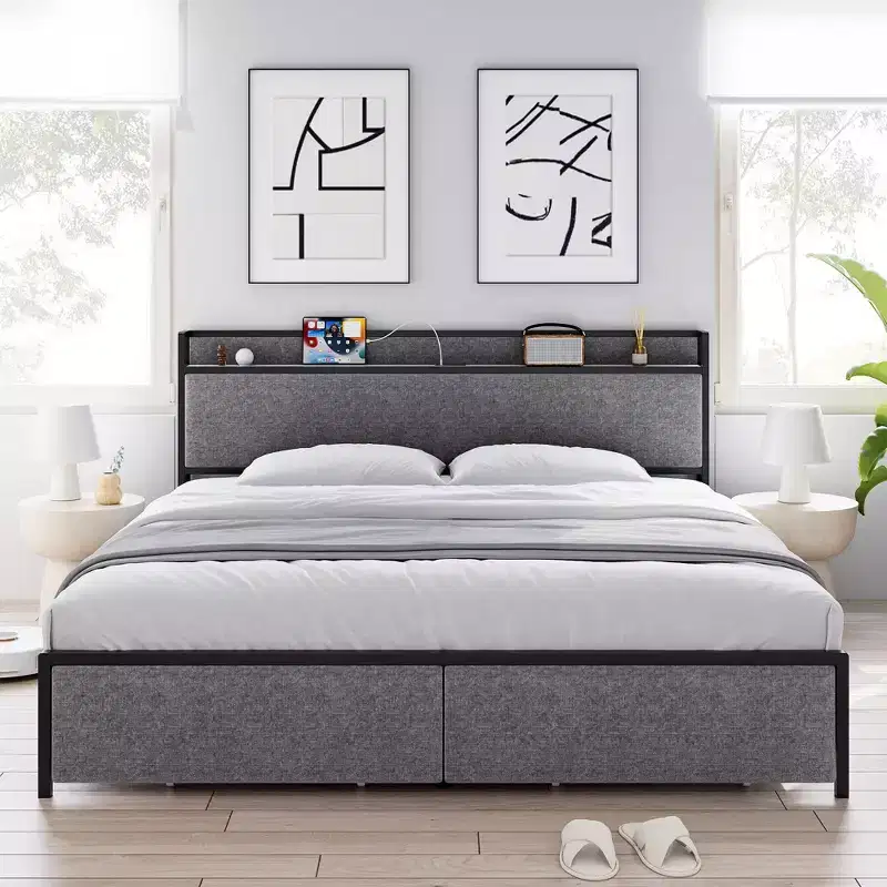 Bed Frame, King Size with Storage Headboard - 2 Drawers, Charging Station, Upholstered, 10.24'' Under-Bed Clearance, Noise-Free