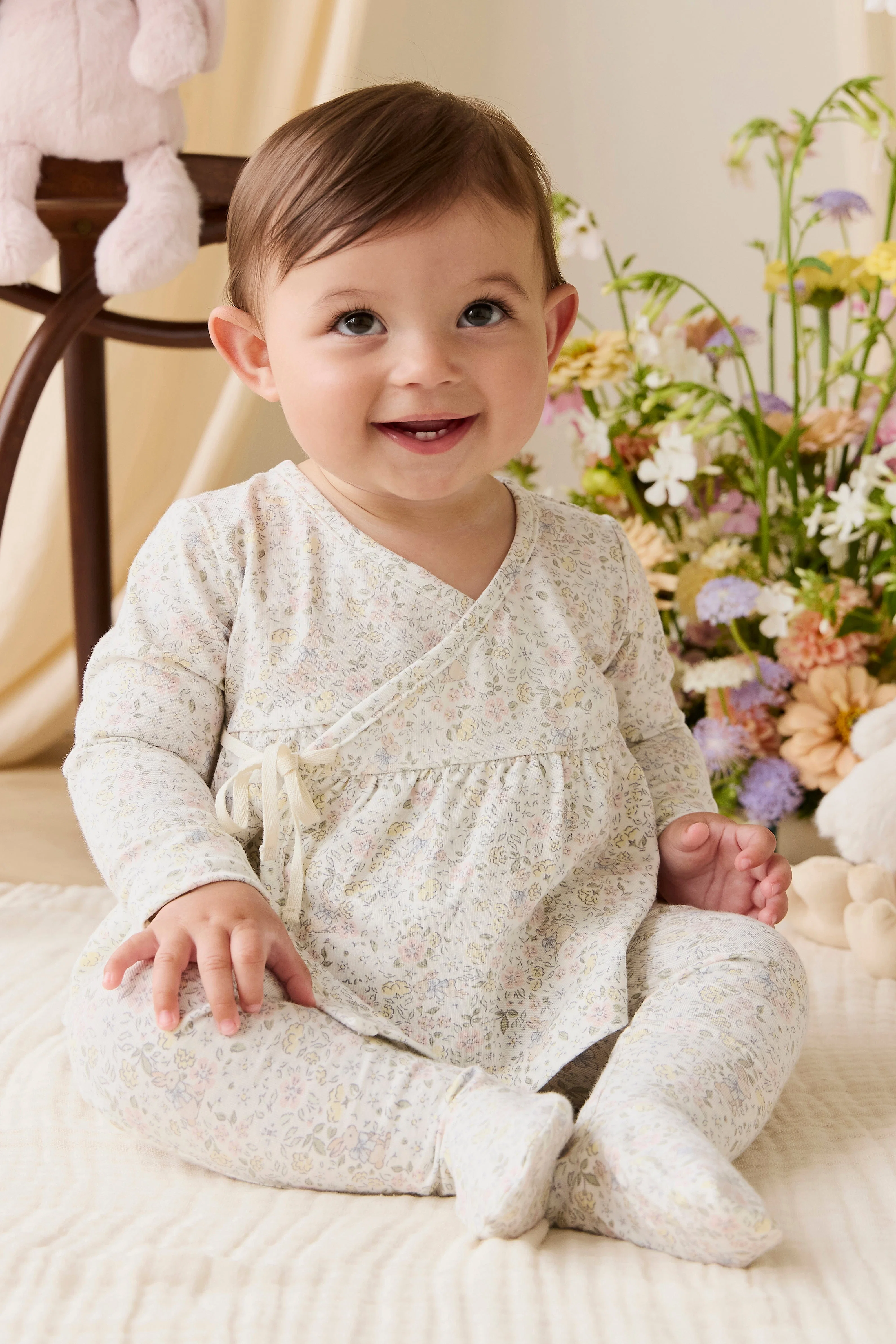 Romantic Neutral Cottage Garden Floral Organic Cotton Wrap Top with Tie Detail for Girls 0M–3Y