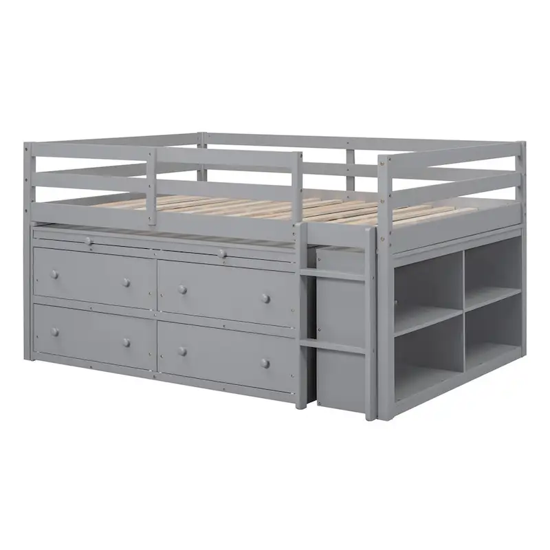 Loft Bed with Retractable Writing Desk and 4 Drawers
