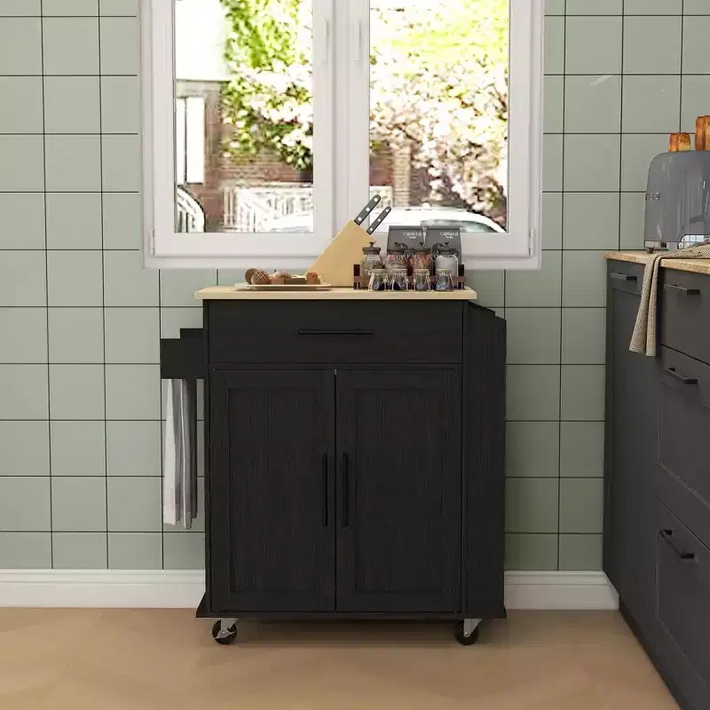 HOMCOM Kitchen Island with Power Outlet, Rolling Kitchen Cart with Storage Drawer, Portable Microwave Stand with Doors, Towel Rack, Spice Rack