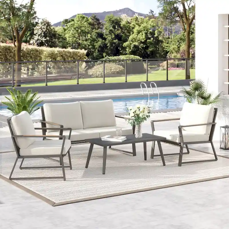 4 Piece Aluminum Patio Conversation Set with Cushions