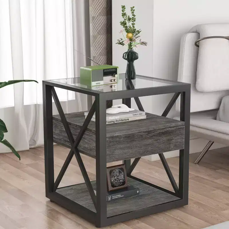 Modern Industrial End Table with Drawer & Tempered Glass Top