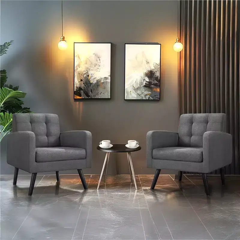 Set of 2 Mid-Century Tufted Accent Arm Chairs with Rubberwood Legs