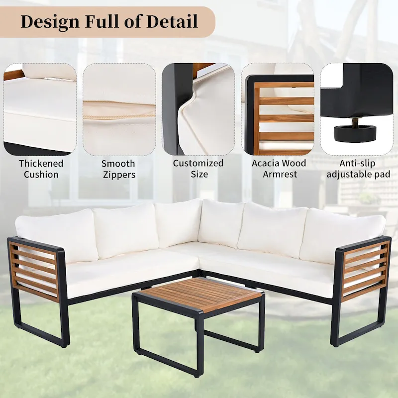4-Piece Iron L-Shaped Sectional Sofa Set with Cushions & Table