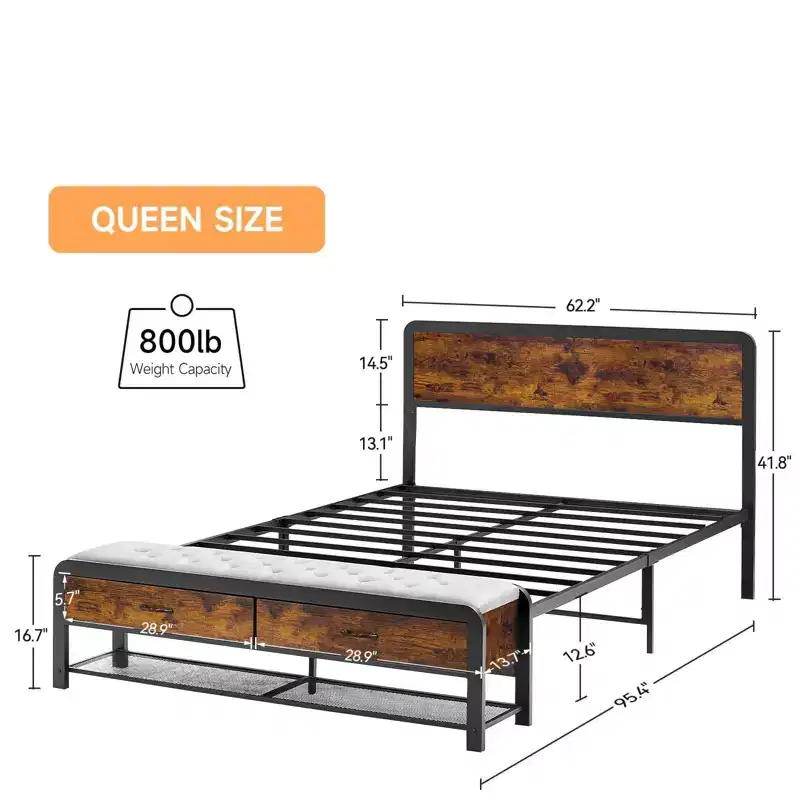 Bed Frame with Drawers Platform Bed Frame Brown Wood Headboard and Sturdy Metal Slats, No Box Spring Needed, Noise Free