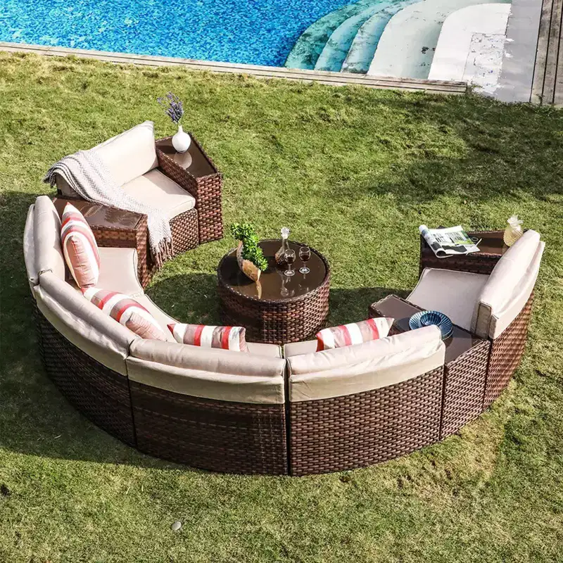Sunsitt 11pc Outdoor Patio Half Moon Wicker Sofa with 4 Side Table and Pillows Brown
