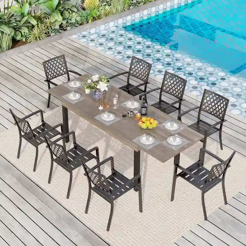 MAISON ARTS 7/9-Pieces Patio Dining Set with Metal Rectangle Expandable Table and Metal Stackable Chairs