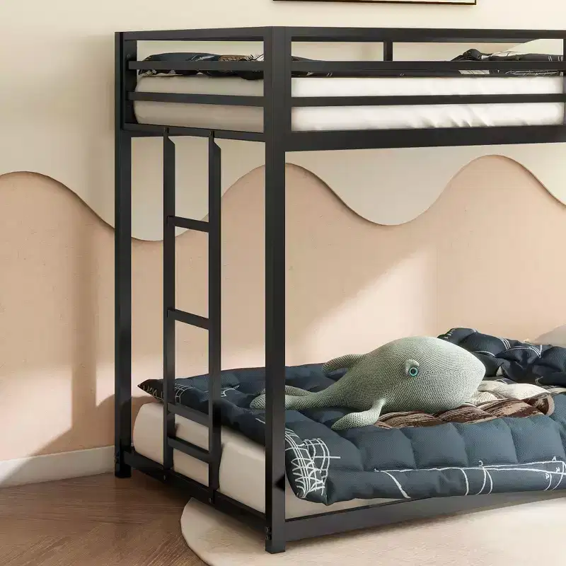 Okak 76.69IN Twin-Over-Twin Kids Bunk Beds with Metal Frame, Low Profile Bunk Bed with Ladder and Guardrails, Bed Frames for Bedroom, Black