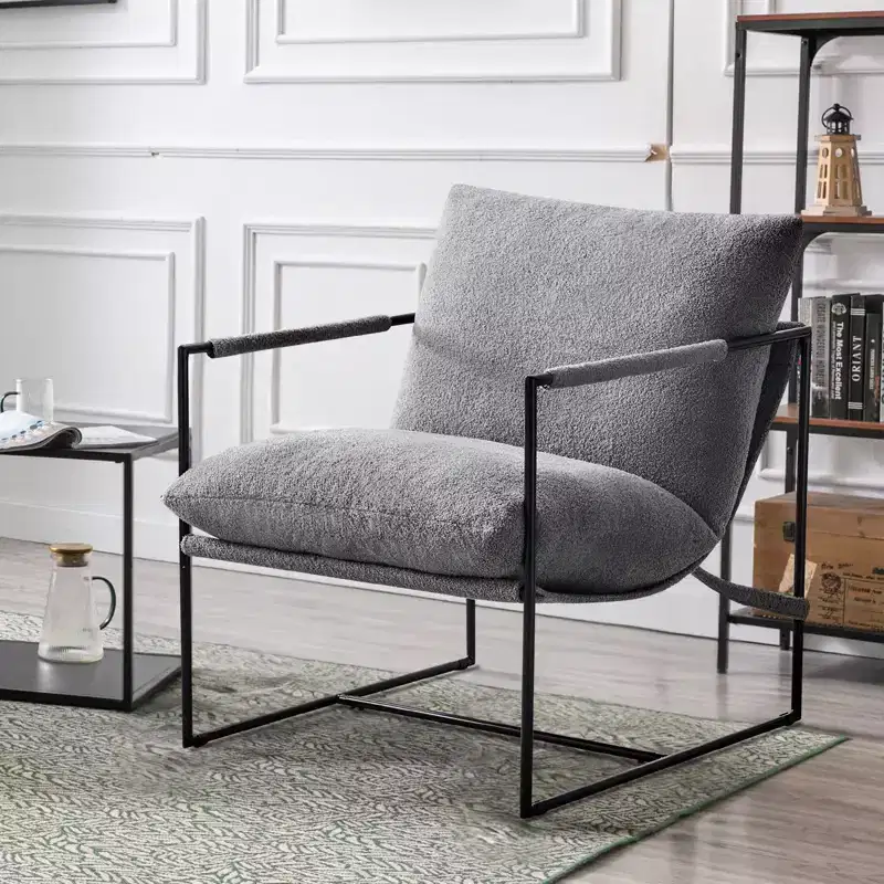 Gray & Ivory White Boucle Sling Accent Chair with Metal Frame, Single Seat
