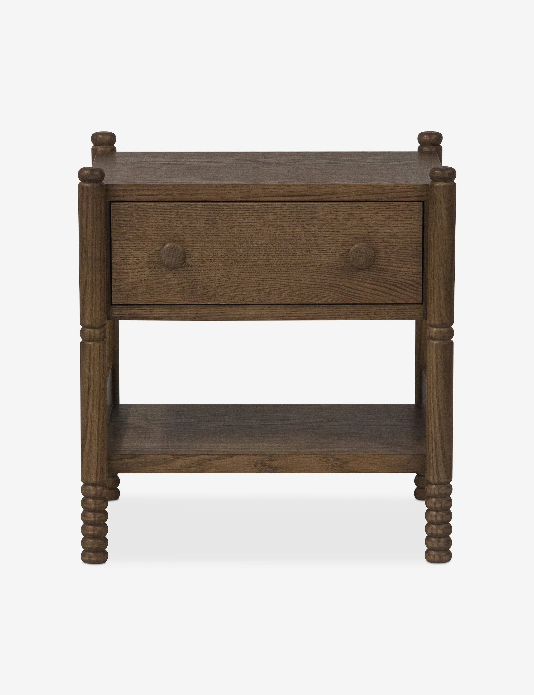Nightstand The console table offers rustic warmth in a modern design. The solid, turned wood legs and oak-clad frame are covered in a rich, dark