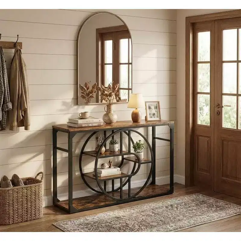 55 Industrial Entryway Table, 5-Tier Console with O-Shaped Metal Frame & Storage for Living Room & Hallway