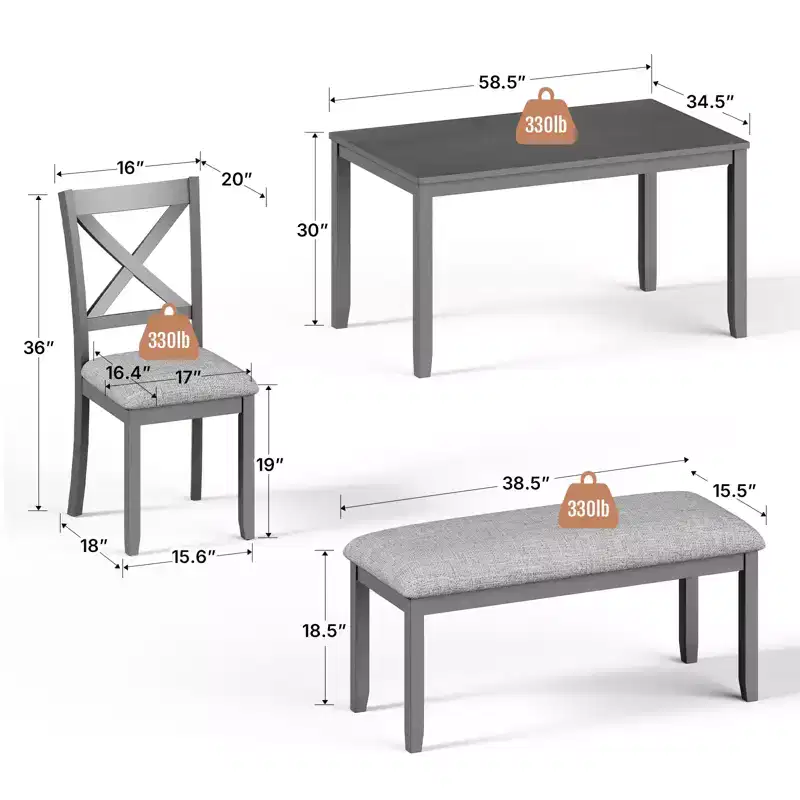 Zevemomo 6-Piece Wooden Dining Table Set,Including 1 Dining Table, 4 Upholstered Chairs and Wooden Legs Dining Table,1 Bench,for Dining Room, Grey
