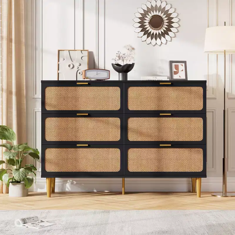 Rattan 6-Drawer Dresser for Bedroom, Large Wooden Chest with Deep Drawers, Wide Top Storage for Closet, Living Room, Hallway