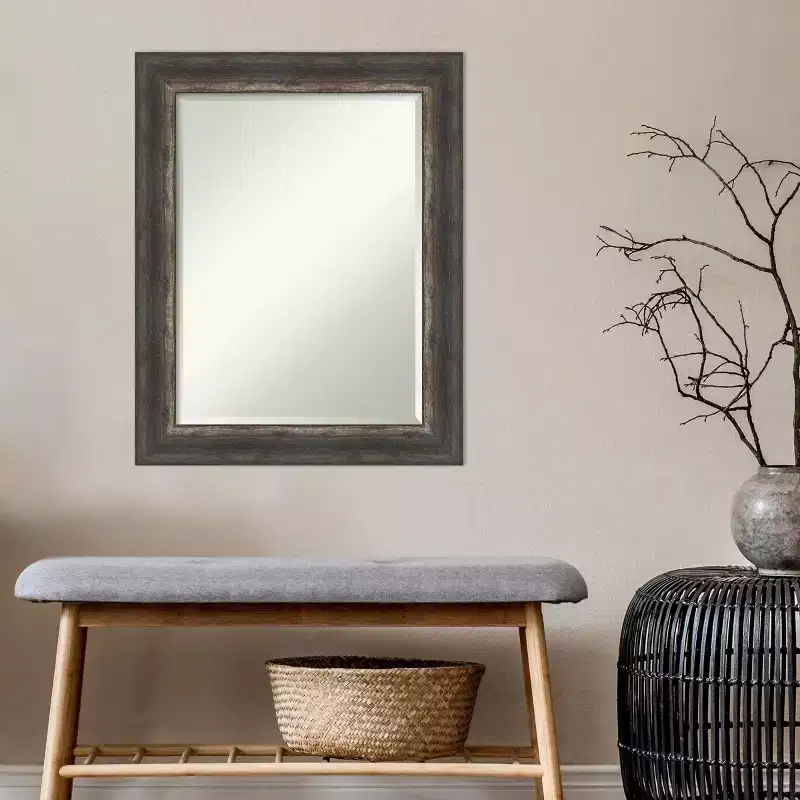 23x29 Inch Bark Rustic Char Framed Wall Mirror in Brown with Modern Beveled Glass