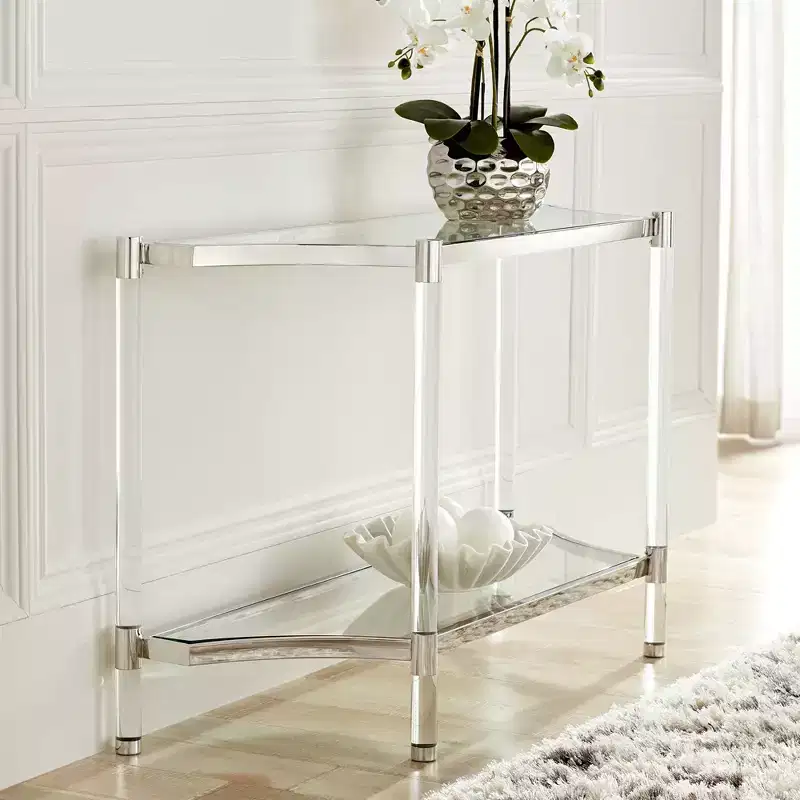 Modern Acrylic Rectangular Console Table 48 x 16 with Shelf Clear Thin Legs for Living Room Bedroom Bedside Entryway House