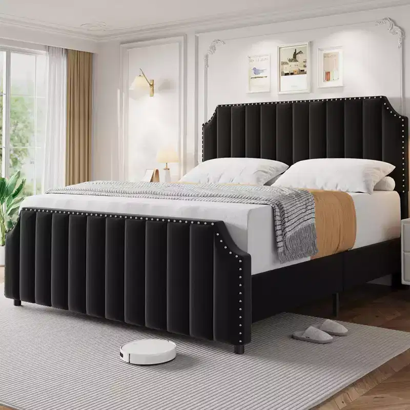 King Size Bed Frame, Platform Bed Frame with Velvet Upholstered 50.2'' Headboard, Rivet Decoration, Strong Wooden Slats, No Box Spring Needed, Black