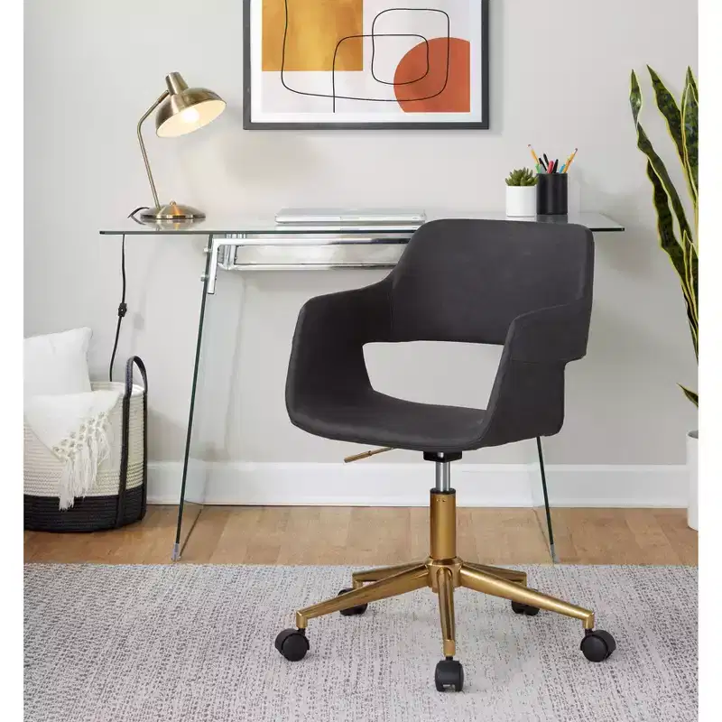 Adjustable Task Chair, Gold Metal Base, Gray PU Leather, Swivel, 250LBS Home Office