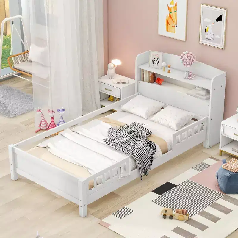 Platform Bed with Storage Shelves LED Light Headboard Guardrail Platform Bed Frame Support No Box Spring Needed White Twin Size
