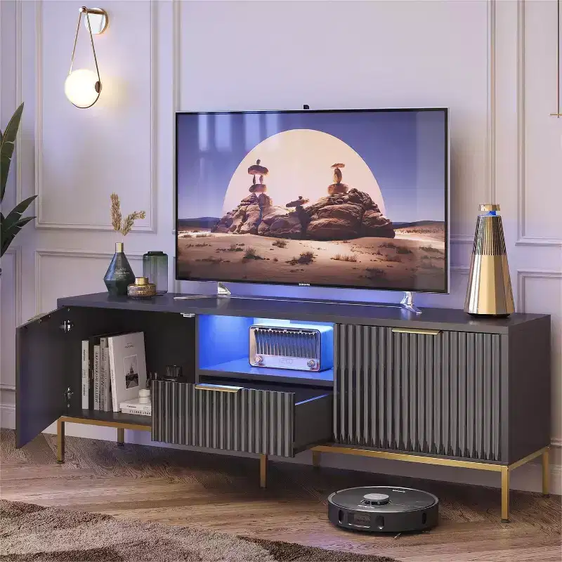 Bestier 55/70 inch LED TV Stand for TVs up to 60/80 inch Modern High Gloss Entertainment Center with Drawers Cabinets Fluted TV Console
