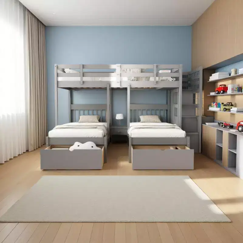 Full Over Twin & Twin Triple Bunk Bed with Storage Stairs, Pine Wood