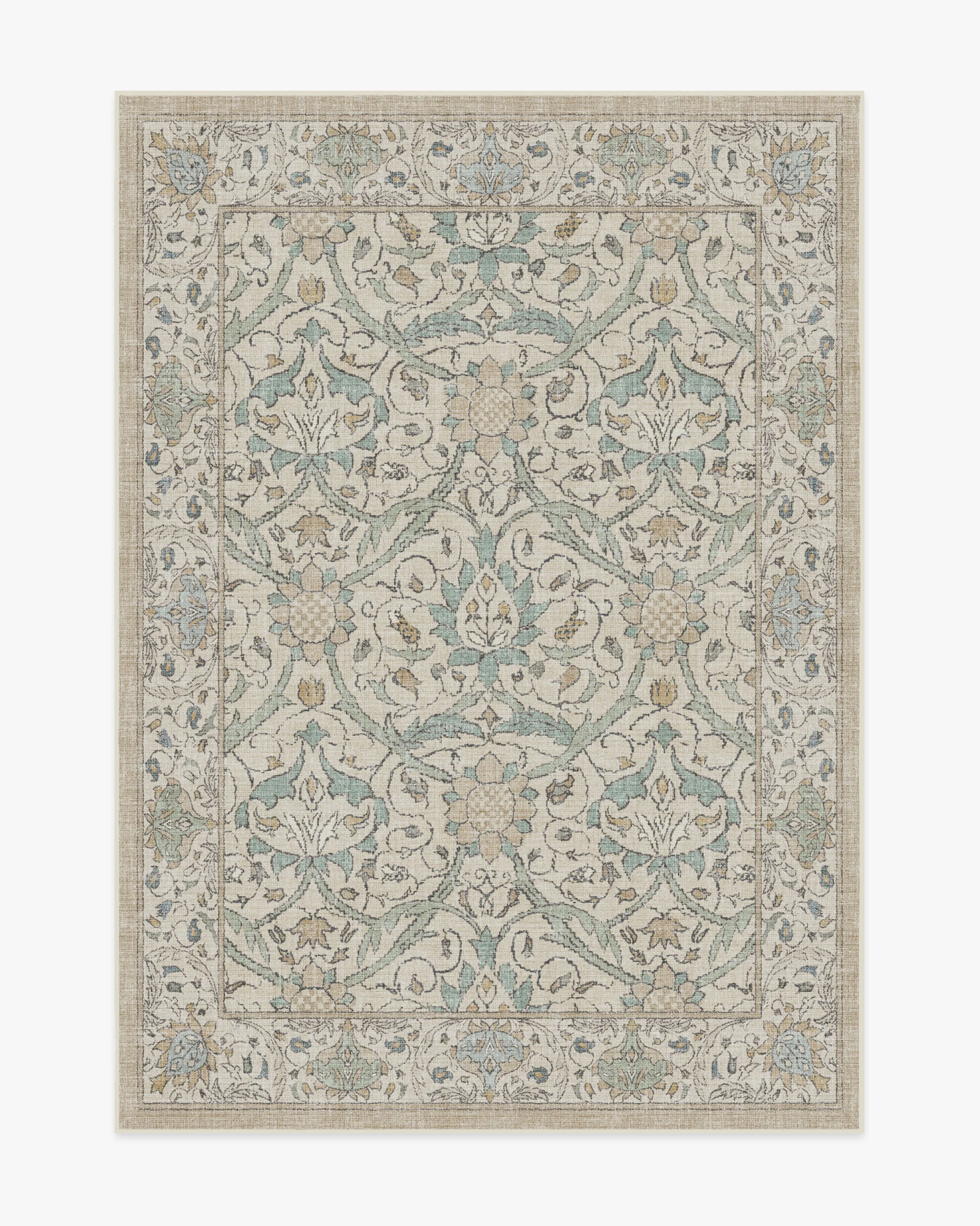British Traditional Flatwoven Rug with Washable Natural Jade Botanical Vine Design for Living Room & Study