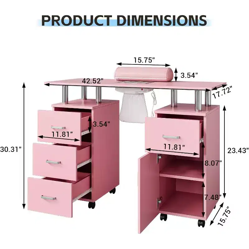 Manicure Table Nail Desk with Electric Dust Collector, 4 Drawers and Cabinet Storage, Lockable Wheels, White
