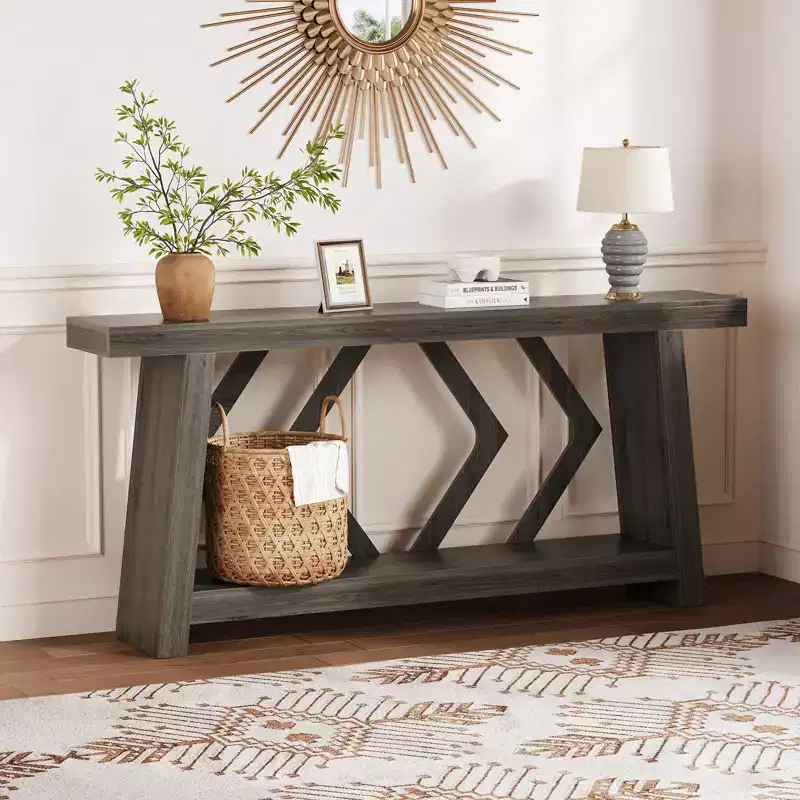 70.9 All-Wood Console Table - 2-Tier Narrow Entryway & Hallway Table - Rustic Brown Farmhouse Sofa Table with Trapezoid Legs