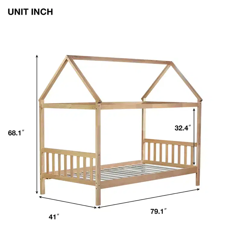 Twin Rubber Wood Bed with House Frame Beige