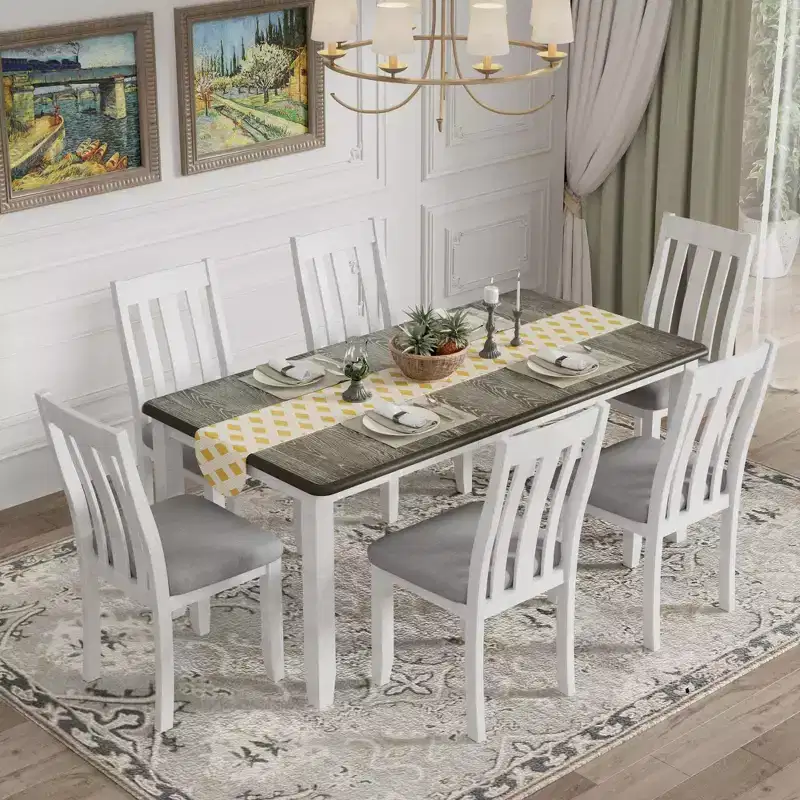 Farmhouse Extendable Dining Table Set for 6, Rectangular Table and 6 Upholstered Chairs
