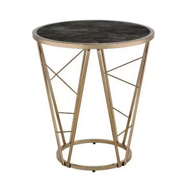 Gold Round Glass End Table with Geometric Metal Frame, Black