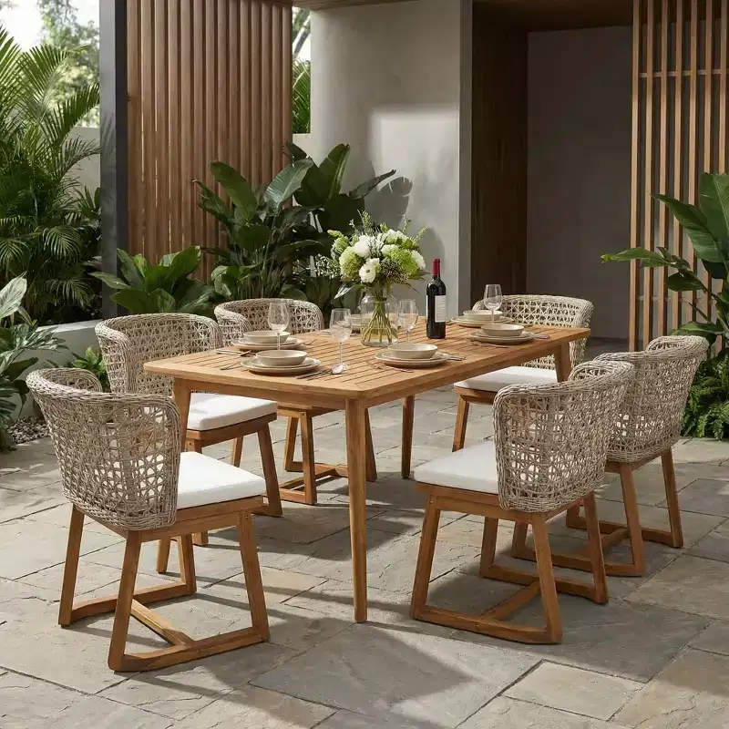 Christopher Knight Home Hruni Modern 7 Piece Patio Acacia Dining Set with Slatted Table and Wicker Back