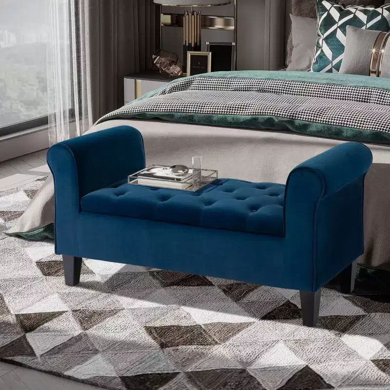 Button-Tufted Storage Ottoman Bench, Upholstered Bed Bench with Rolled Armrests for Bedroom, Living Room or Hallway
