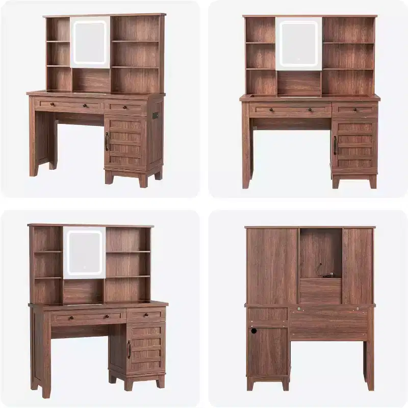 Vanity Desk with HD Mirror, LED Lights and Charging Station, Farmhouse Makeup Table with 2 Drawers & Cushioned Stool Dressing Table Shelves for Home