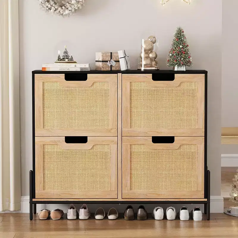 Freestanding Rattan Shoe Cabinet with 4 Flip Drawers, Slim Space-Saving Storage for Entryway