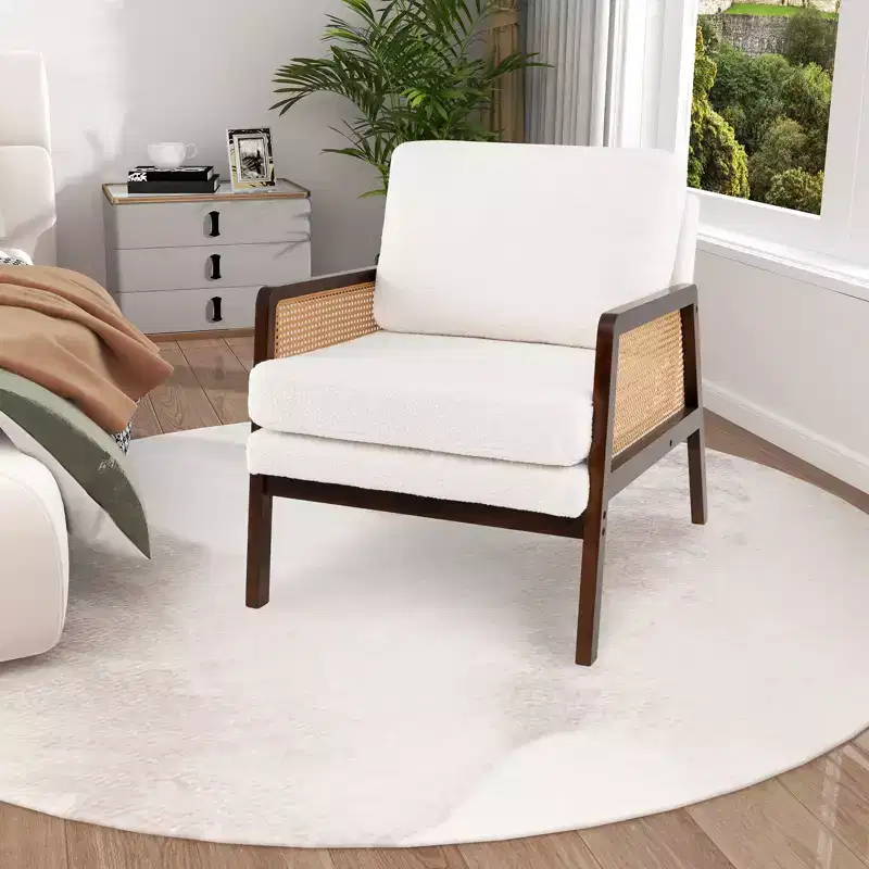 Costway Mid Century Modern Accent Chair Living Room Armchair with Rattan Arms Wooden Frame Brown/Natural